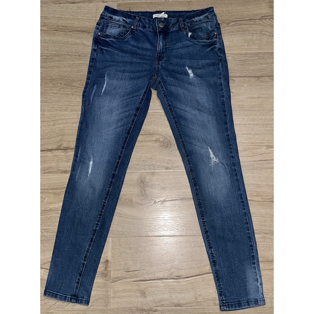 FOREVER 21 Women's Blue Denim Skinny Jeans Distressed 5-Pocket Button Zip